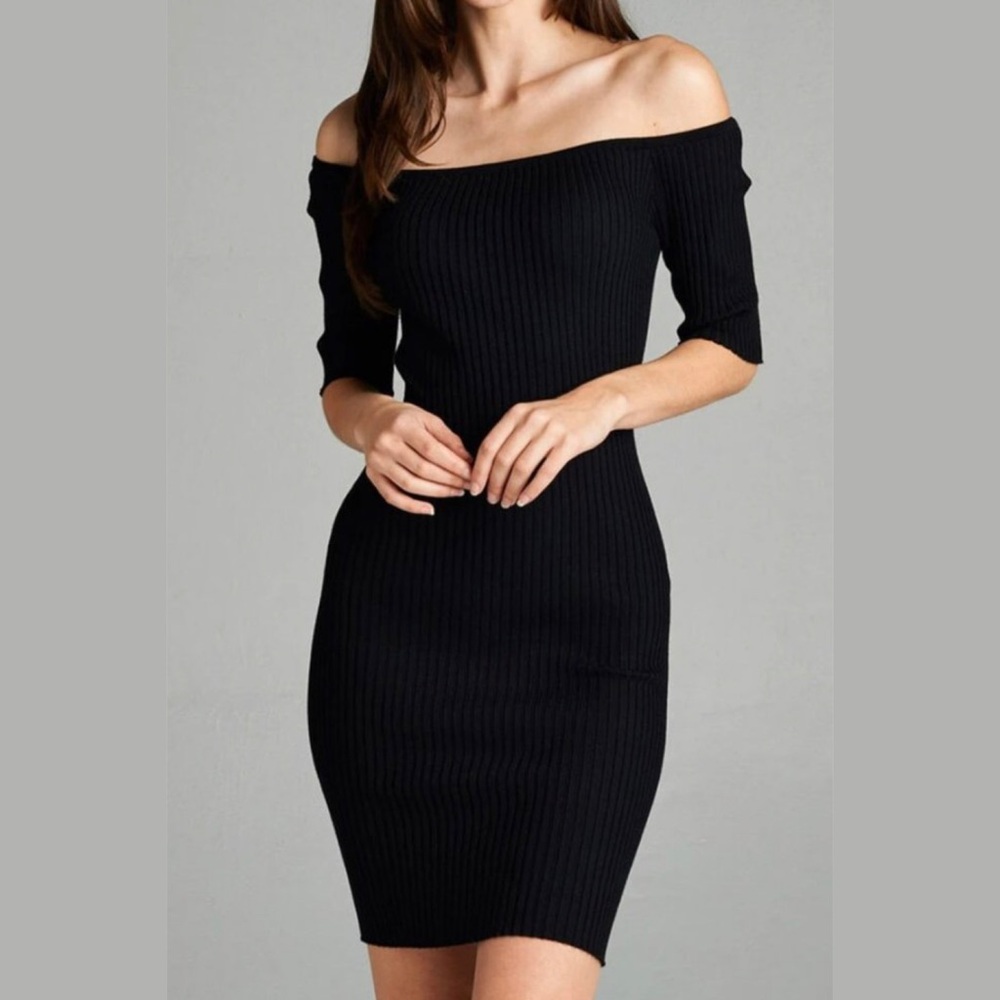 IRIS Ribbed Knit Off The shoulder dress in Black